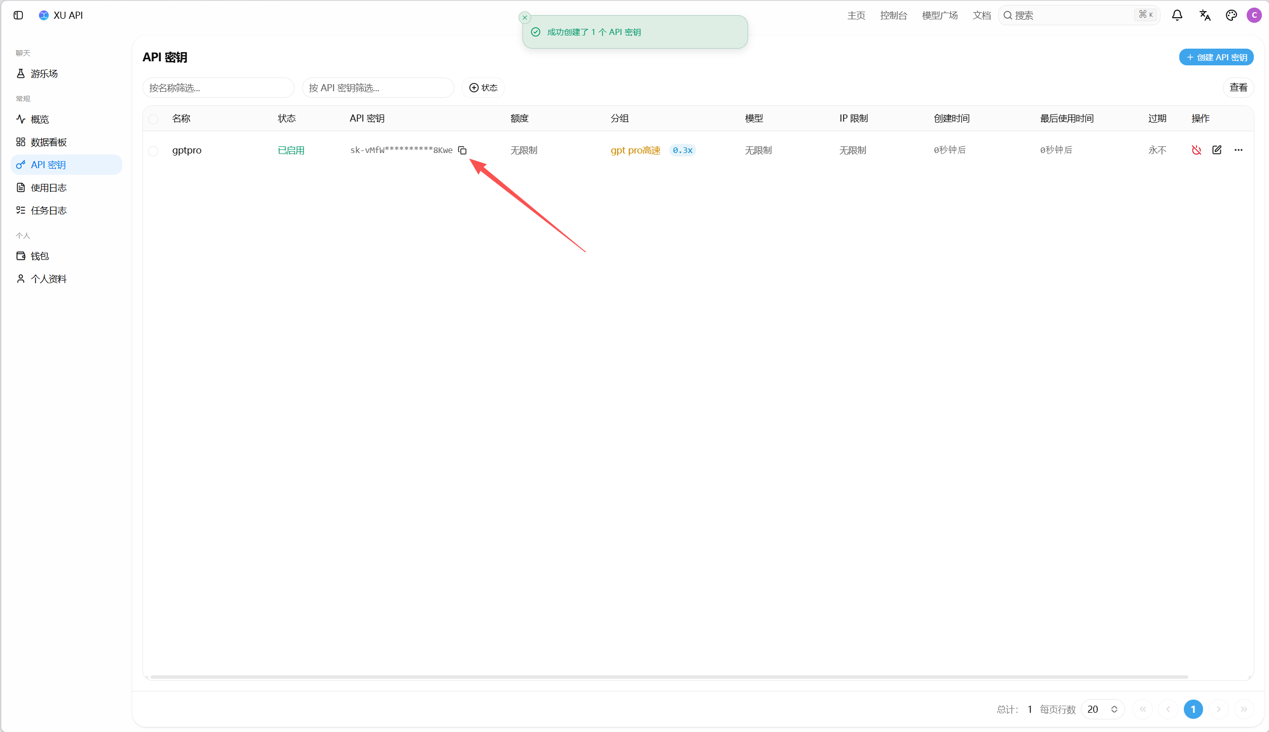 复制 API 密钥